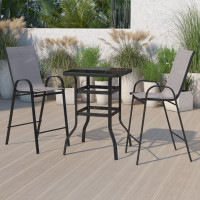 Flash Furniture TLH-073H092H-GR-GG Outdoor Dining Set - 2-Person Bistro Set - Outdoor Glass Bar Table with Gray All-Weather Patio Stools